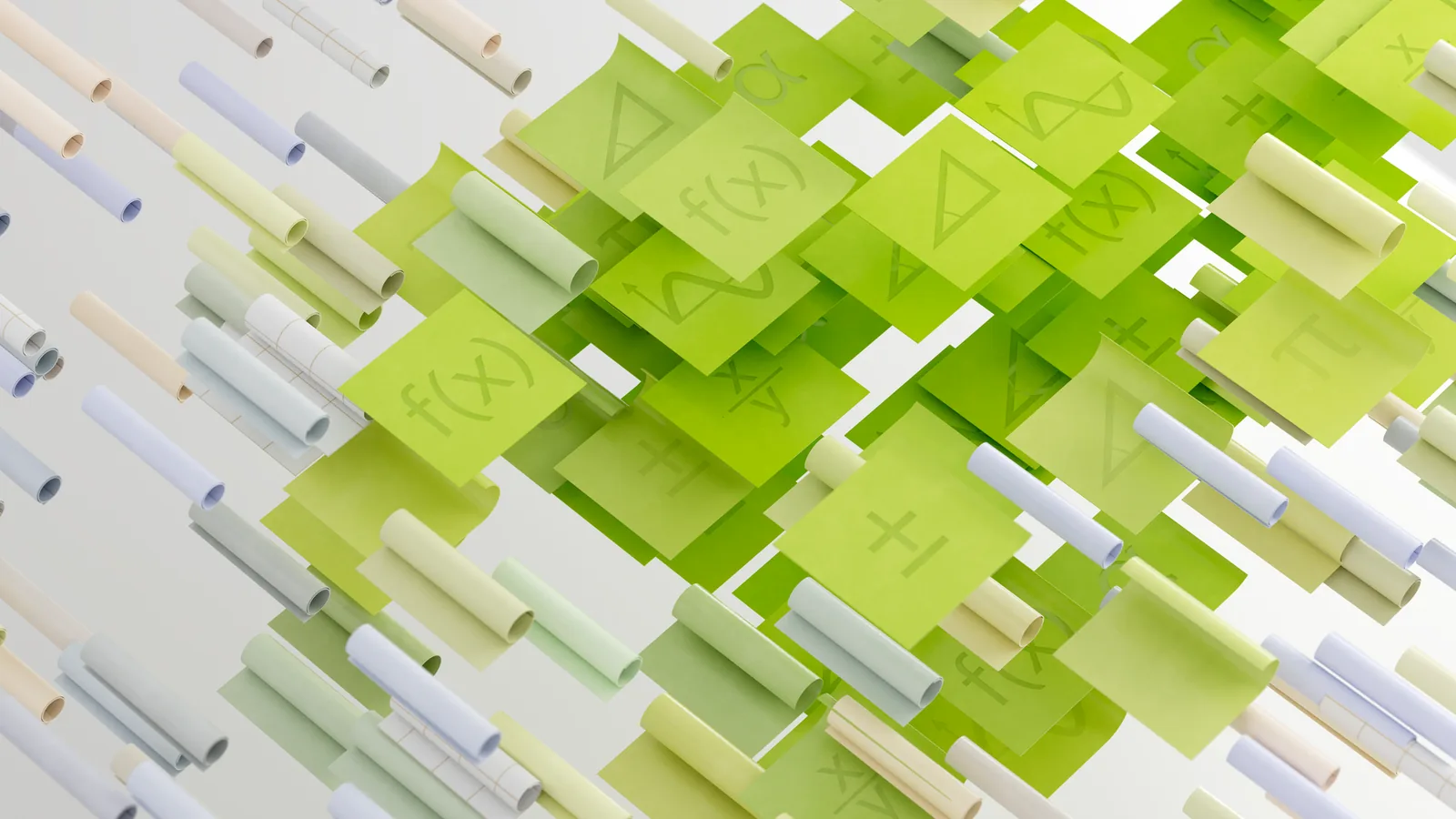 Dynamic abstract image with mathematical symbols on floating papers, vibrant and conceptual.